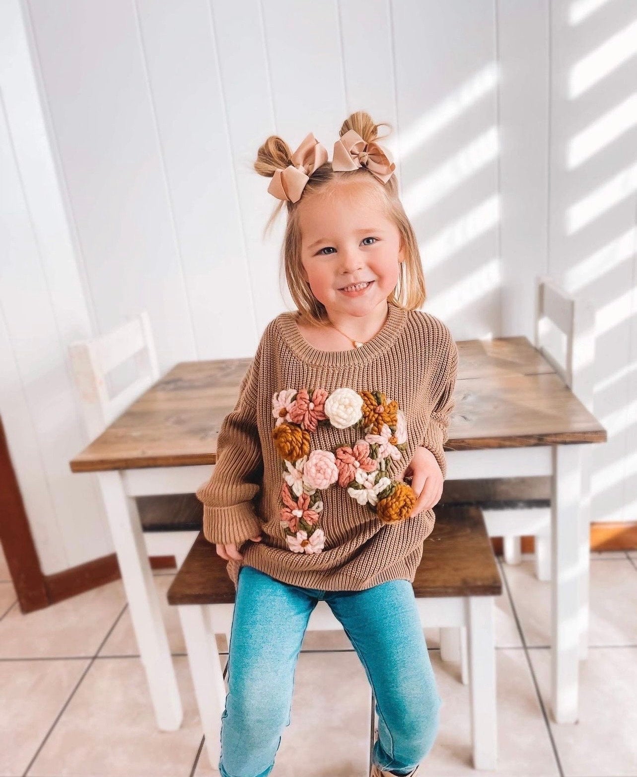 kids floral initial sweater